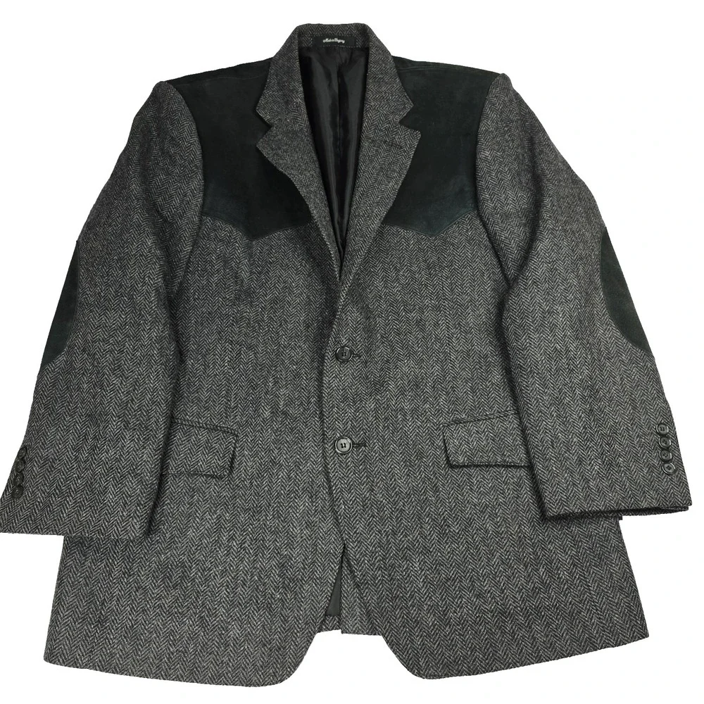 Bar WS Blazer Mens 43 Wool Gray Herringbone Suede Elbow Patch‎ Western Uruguay